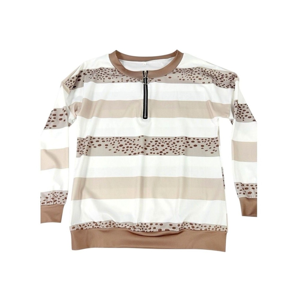 Women Quarter Zip Pullover Unbranded Size M Tan Striped Polka Dot Long Sleeve